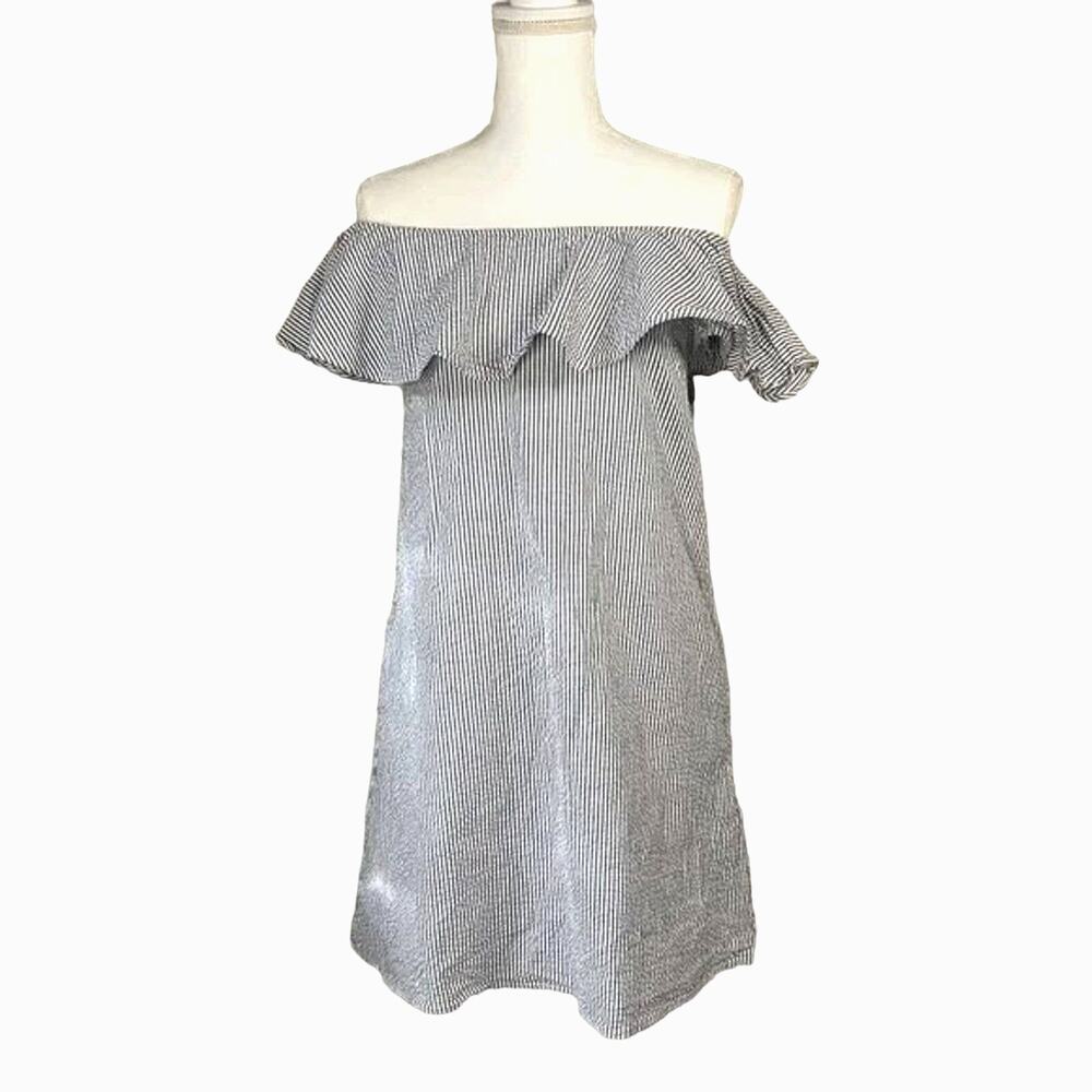 Eliza J Size 2 Off Shoulder Mini Dress Ruffle Seersucker Cotton Nautical Pockets